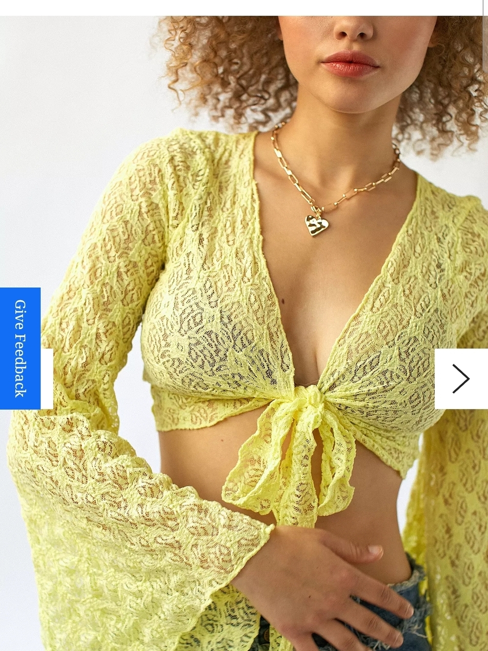 UO URBAN OUTFITTERS Yellow Verdusa Women's Bell Sleeve Tie Lace Mesh Crop Top